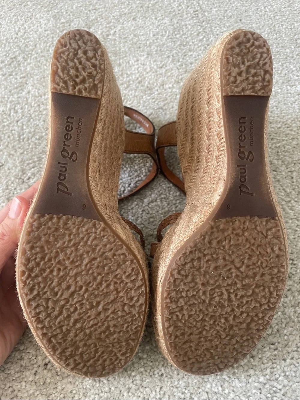 Paul Green Tan Leather Braided T-Strap Wedge Espadrilles.